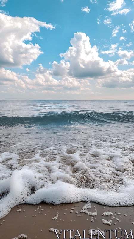 Shoreline foam under cumulus clouds in soft coastal daylight.