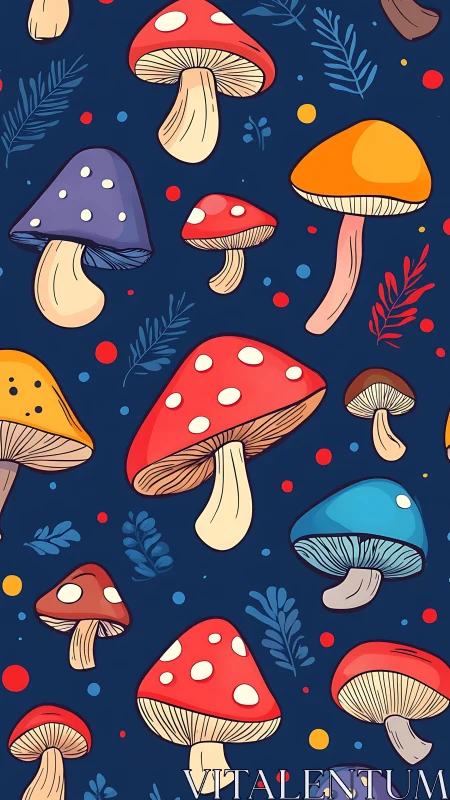 Playful multicolor mushroom pattern on deep navy background.