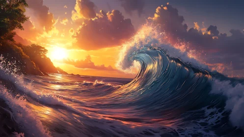 Digital seascape depicts large curling wave at sunset