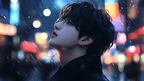 Digital portrait of youth in neon city rain at night.