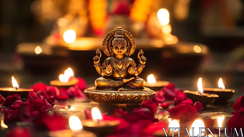 Golden goddess idol glowing among soft festival lights.