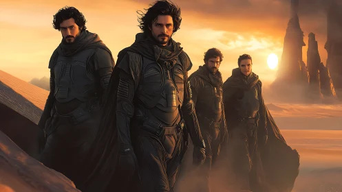 Desert warriors stride across sunlit dunes in formation.