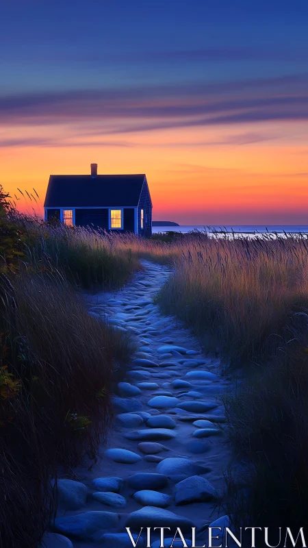 Coastal cottage at dusk beside stone path and tall grasses.