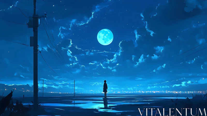 Silhouette stands on wet ground under a bright full moon