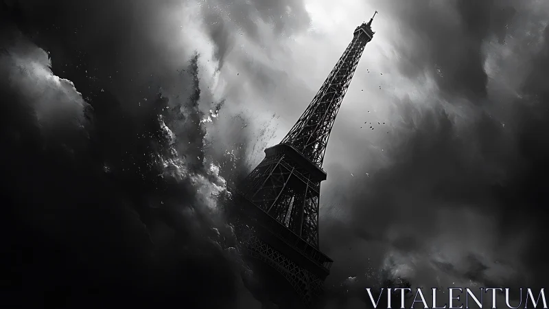 Eiffel Tower under turbulent stormfront in monochrome perspective.