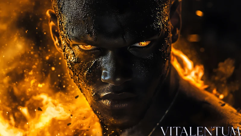 Molten gaze rises from swirling fire and glowing embers