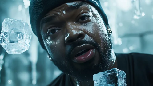 Close-up of wet man with ice cubes in cool-toned setting.