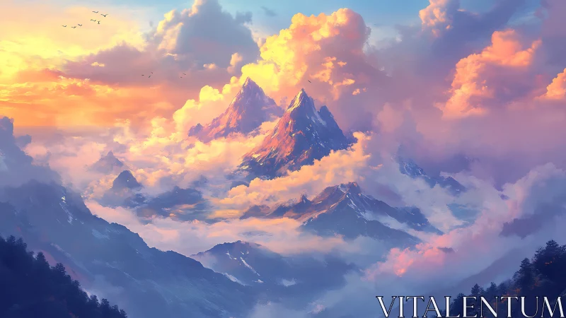 Sunlit mountain peaks rise through dense glowing cloud layers