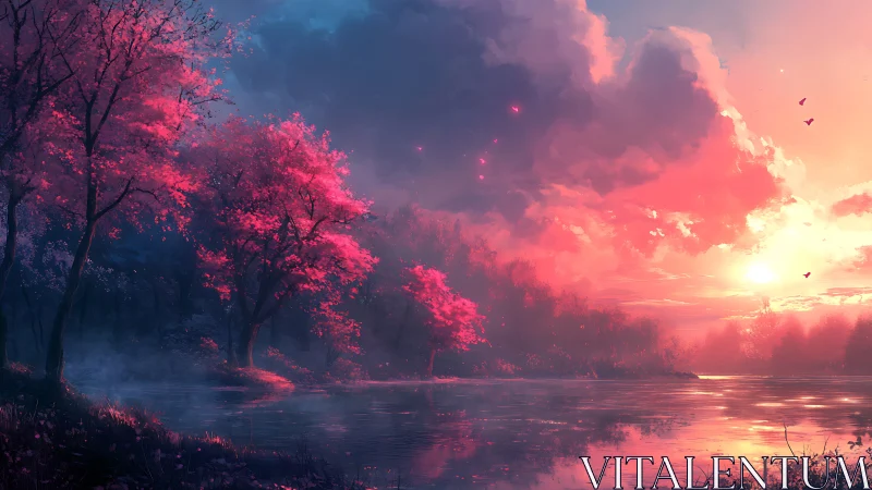 Dreamlike crimson forest at sunset over tranquil lake.