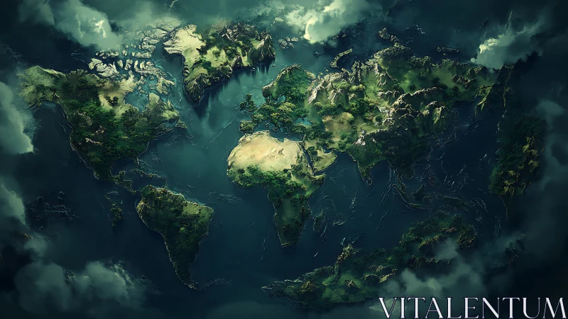 Stylized world map with lush continents and oceans.