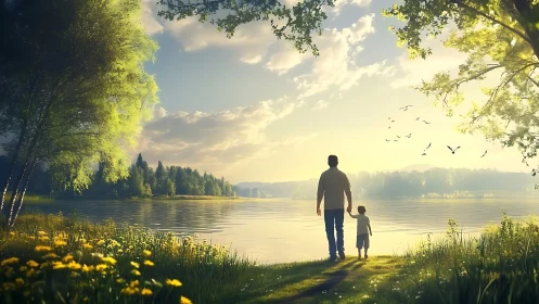 Sunlit lakeside walk with parent and child in soft haze.