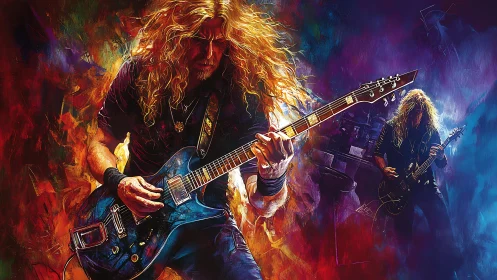 Electric guitarist depicted in layered digital painting composition