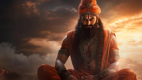 Fiery sage in sunset robes holding storm-soaked silence.