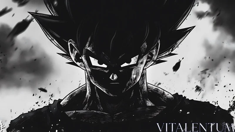 Shadow-forged warrior emerges from storm of shattered ink.