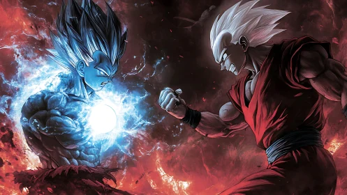 Energy-charged anime duel in fiery blue and red contrast.
