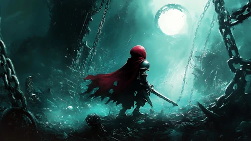 Lone red cloaked warrior confronts glowing portal in ruins.