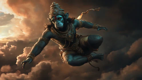 Divine simian warrior soars through storm-lit clouds.
