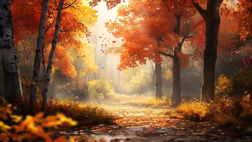 Autumn's Luminous Cathedral: Where Falling Leaves Dance Through Golden Light