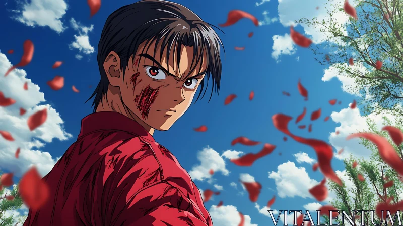 Battle-scarred anime warrior under vivid blue spring sky.