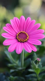Radiant pink daisy opens gently above soft green leaves