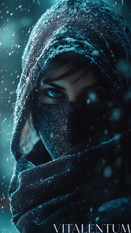 Cryogenic hooded sentinel in blizzard-grade close portrait.