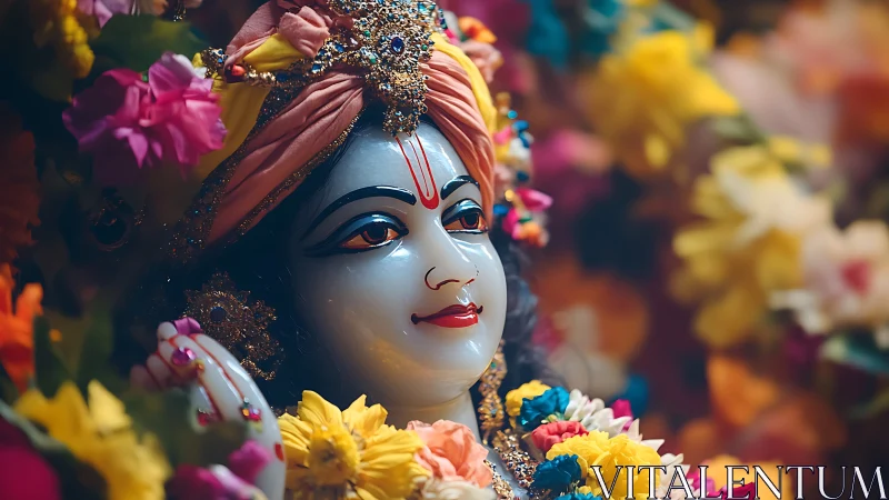 Devotional deity sculpture framed by saturated floral bokeh