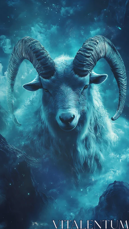 Ram head floats in glowing blue cosmic nebula scene