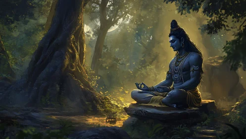 Gentle blue yogi rests in golden forest meditation light