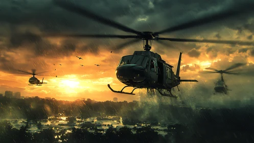 Rotorcraft assault echelon over flooded jungle at dusk.