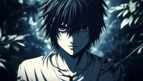 Anime-style male figure stands in dimly lit forest setting