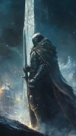 Frozen citadel keeper leans on a towering blade of winter