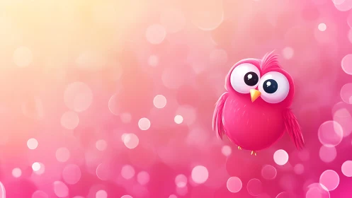 Cute Pink Cartoon Owl on Soft Bokeh Background, Digital Art Style.
