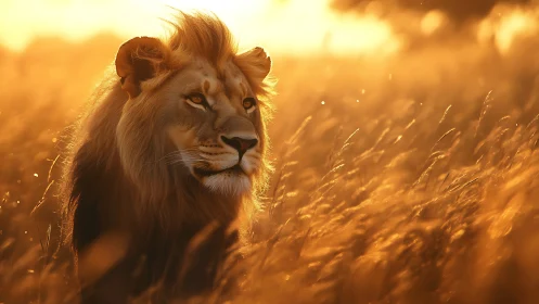 Golden savanna lion gazes through glowing evening grass.
