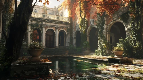 Sunlit autumn courtyard welcomes quiet, lingering daydreams