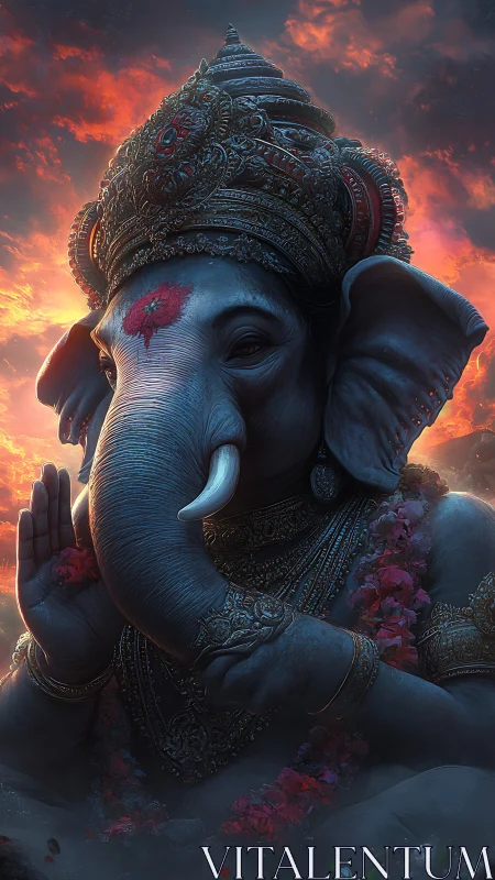 Majestic elephant deity in ornate crown at fiery dusk.