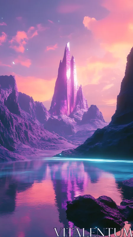 Iridescent crystal spire dominates neon-lit alien canyon lake