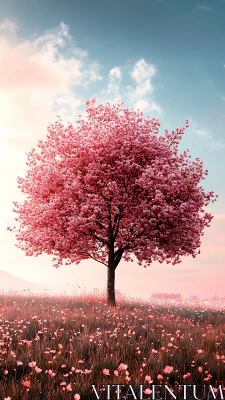 Solitary cherry tree in full bloom over pastel wildflower field