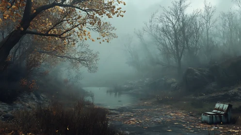 Fog-diffused riverbank with decayed chair and late-autumn foliage