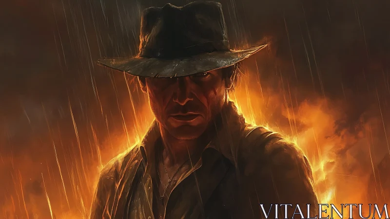 Weathered adventurer stands in fiery rainlit inferno
