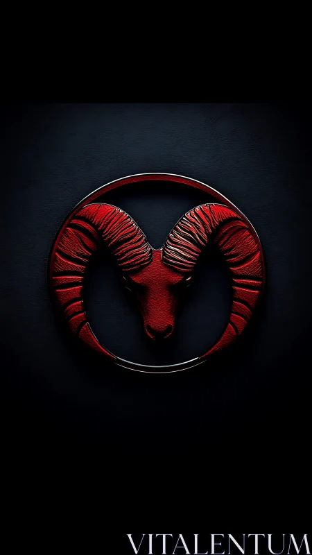 Red ram head emblem on dark background in sharp focus.