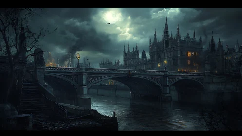 Moonlit neo-gothic bridge over misty industrial river city.