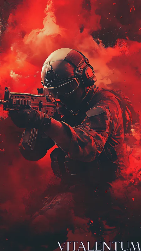 Tactical operator with carbine in red volumetric smoke field