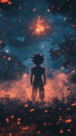 Silhouetted figure observes aerial fire cluster in night sky