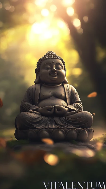 Stone Buddha statue sits outdoors in diffused forest light