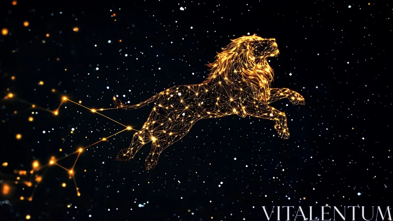 Golden Leo constellation lion outlined in starry night sky.