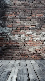 Weathered brick wall with rustic wooden floor backdrop.