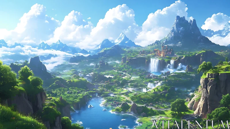 Skybrushed valley of waterfalls and emerald fantasy peaks.