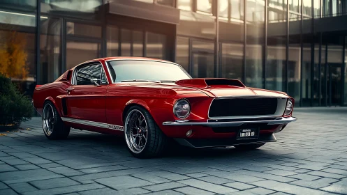 Red classic fastback muscle car parked in modern courtyard