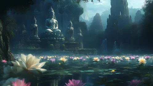 Soft morning light bathes serene statues over a lotus lake