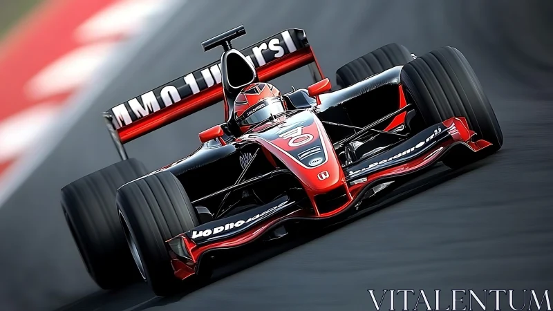 Red black formula car slices apex under dynamic motion.
